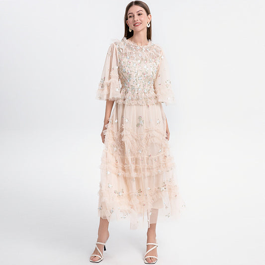 Women's Elegant Dress For French Embroidery Flower Mesh Dresses