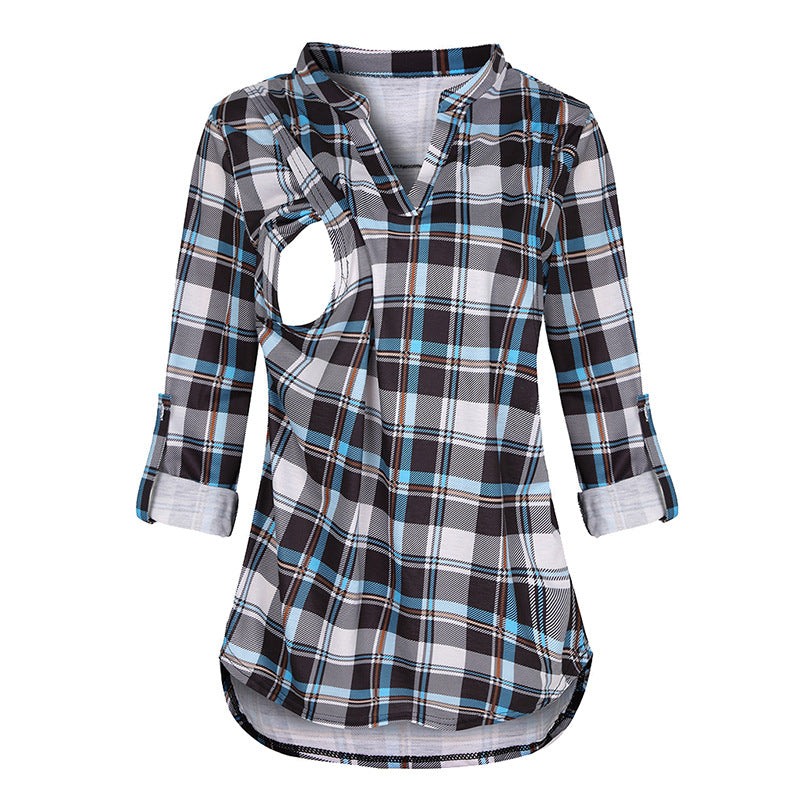 Plaid Printed Pregnant Woman Breastfeeding Long Blouses