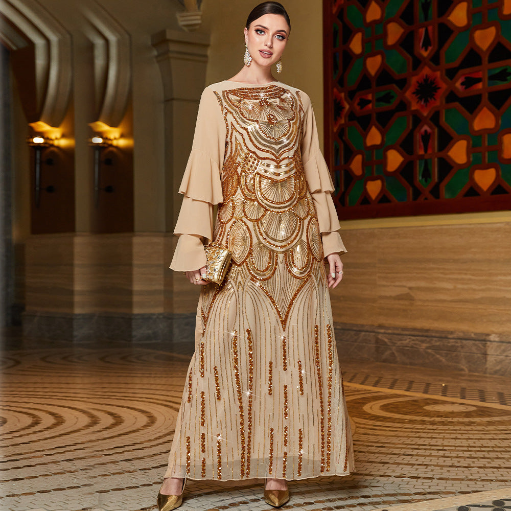Lotus Leaf Sleeve Positioning Sequined Embroidered Dresses