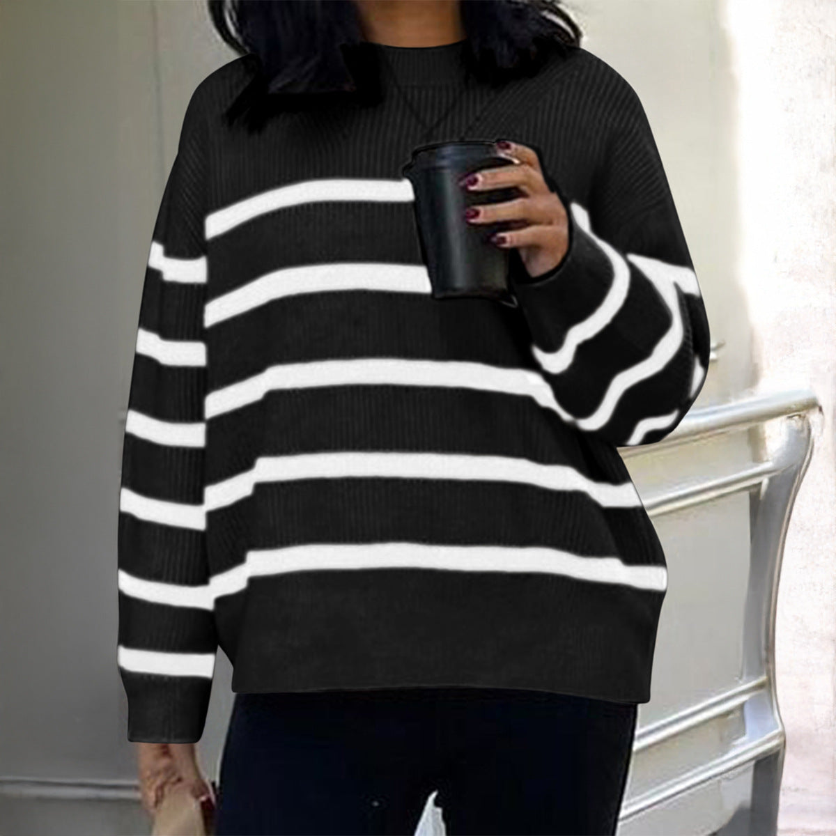 Slouchy Women's Casual Striped Wool Long-sleeved Sweater