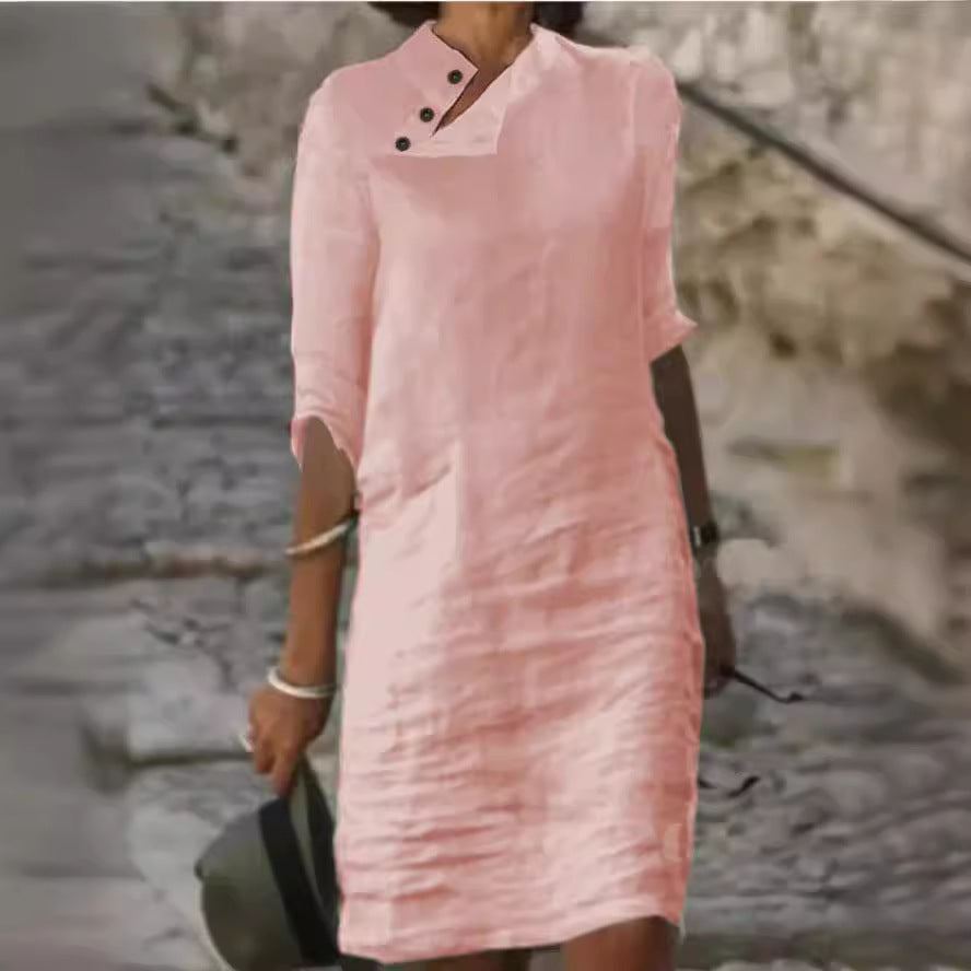 Casual Stand Collar Button Cotton Linen Solid Color Dresses