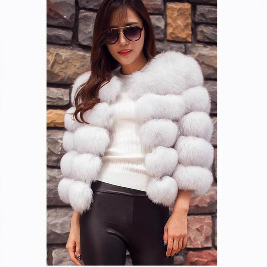 Women's Faux Fox Fur Chic Horizontal Stitching Coats