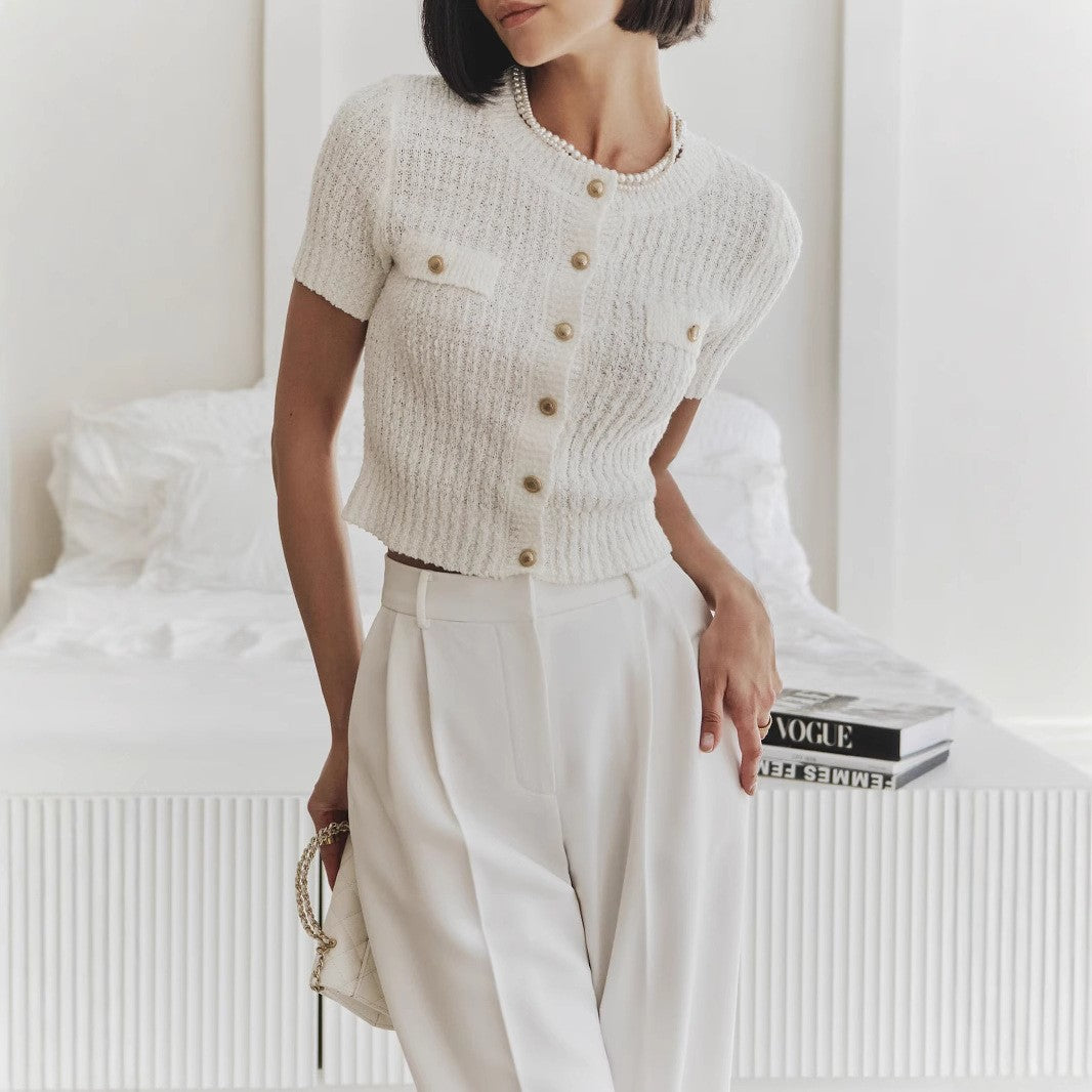 Women's Source Summer Metal Buckle Round Neck Sleeve Women's Sweater