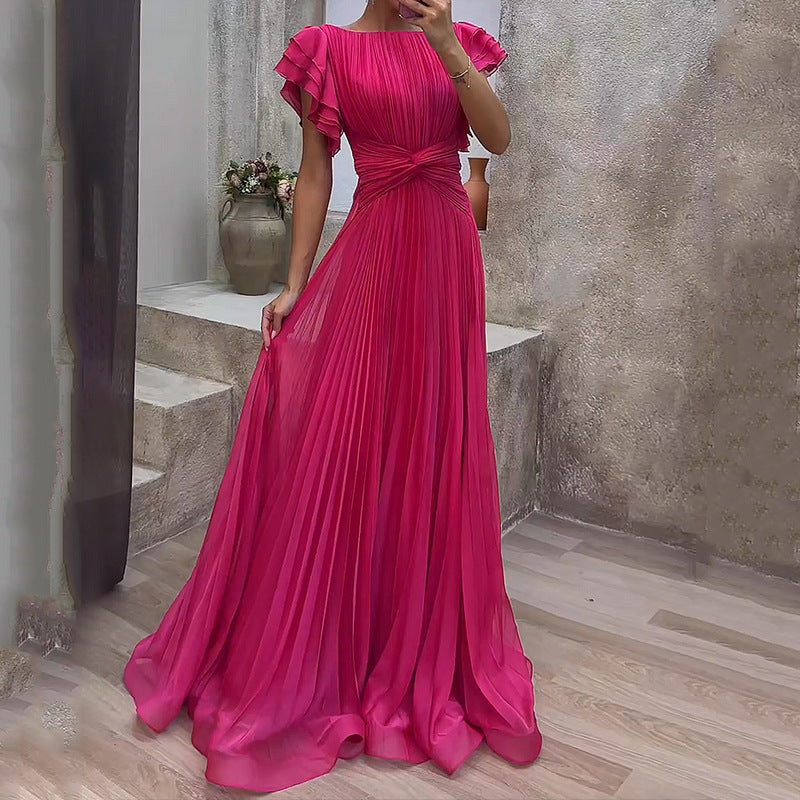 Round Neck Pleated Cross Solid Color Dresses