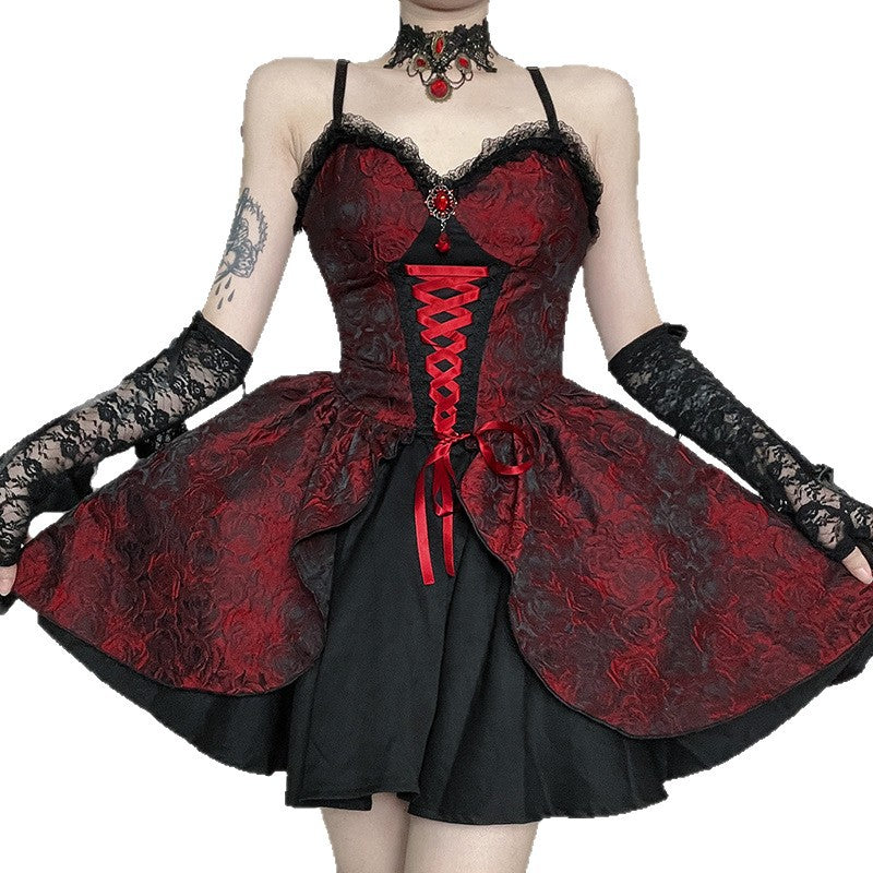 Women's Red Rose Jacquard Suspender Dress Gothic Style Dresses