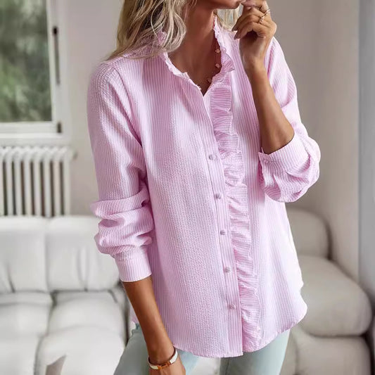 Women's Wear Bubble Striped Ruffled Stand Collar Long Blouses