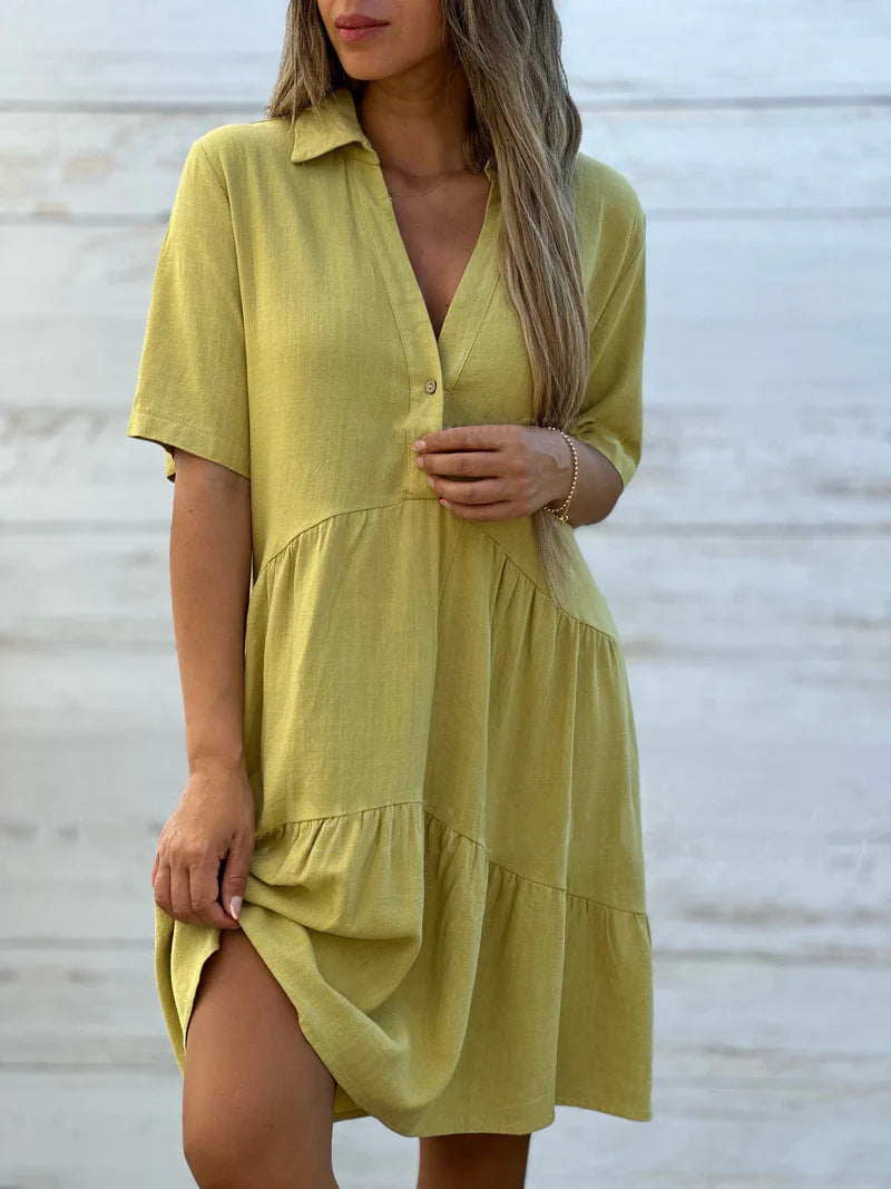 Women's Loose Solid Color Polo Collar Casual Sleeve Dress
