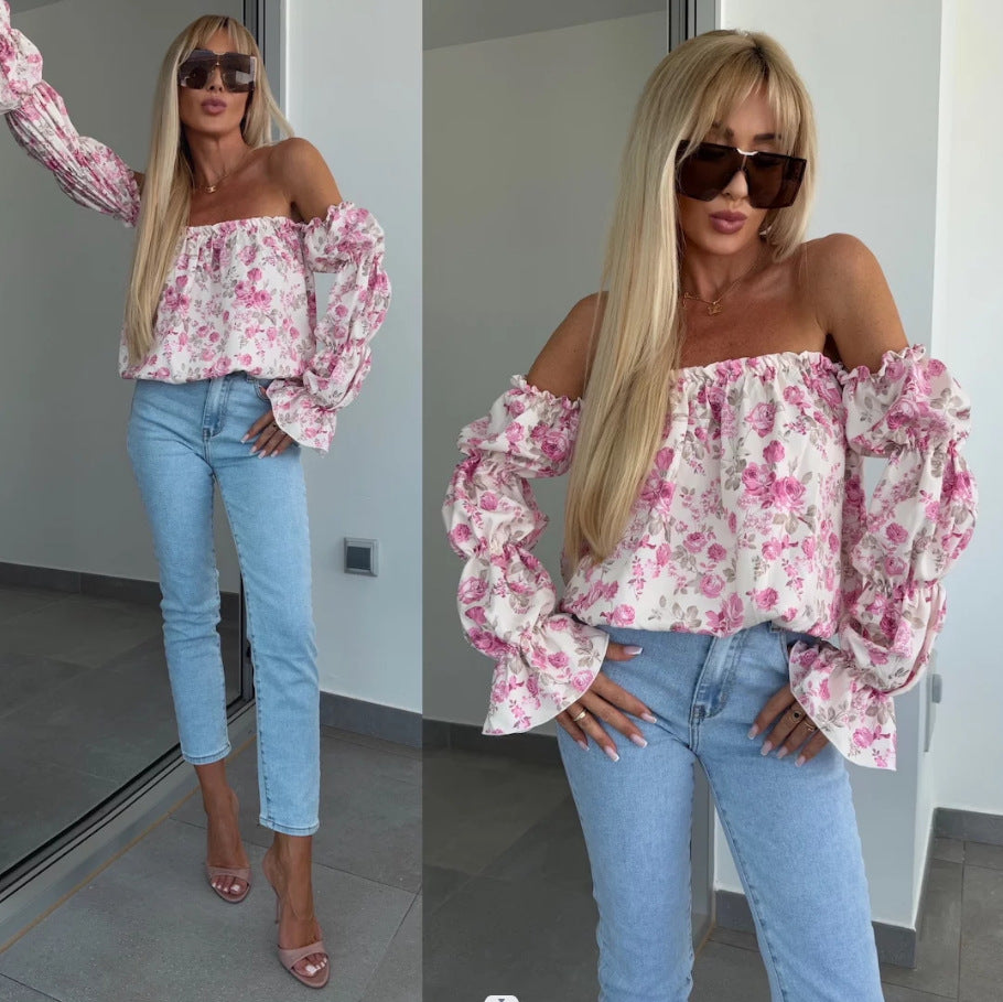 Women's Spring Puff Sleeve Floral Sexy Waist Trimming Blouses