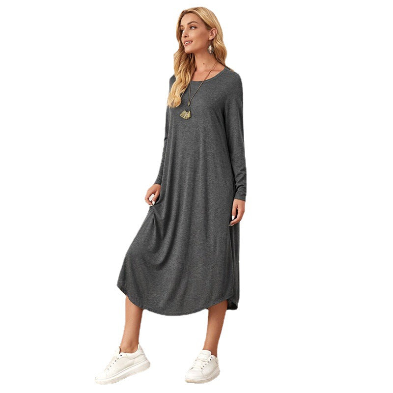 Women's Solid Color Knitted Side Seam Straight Pocket Curved Hem Dress