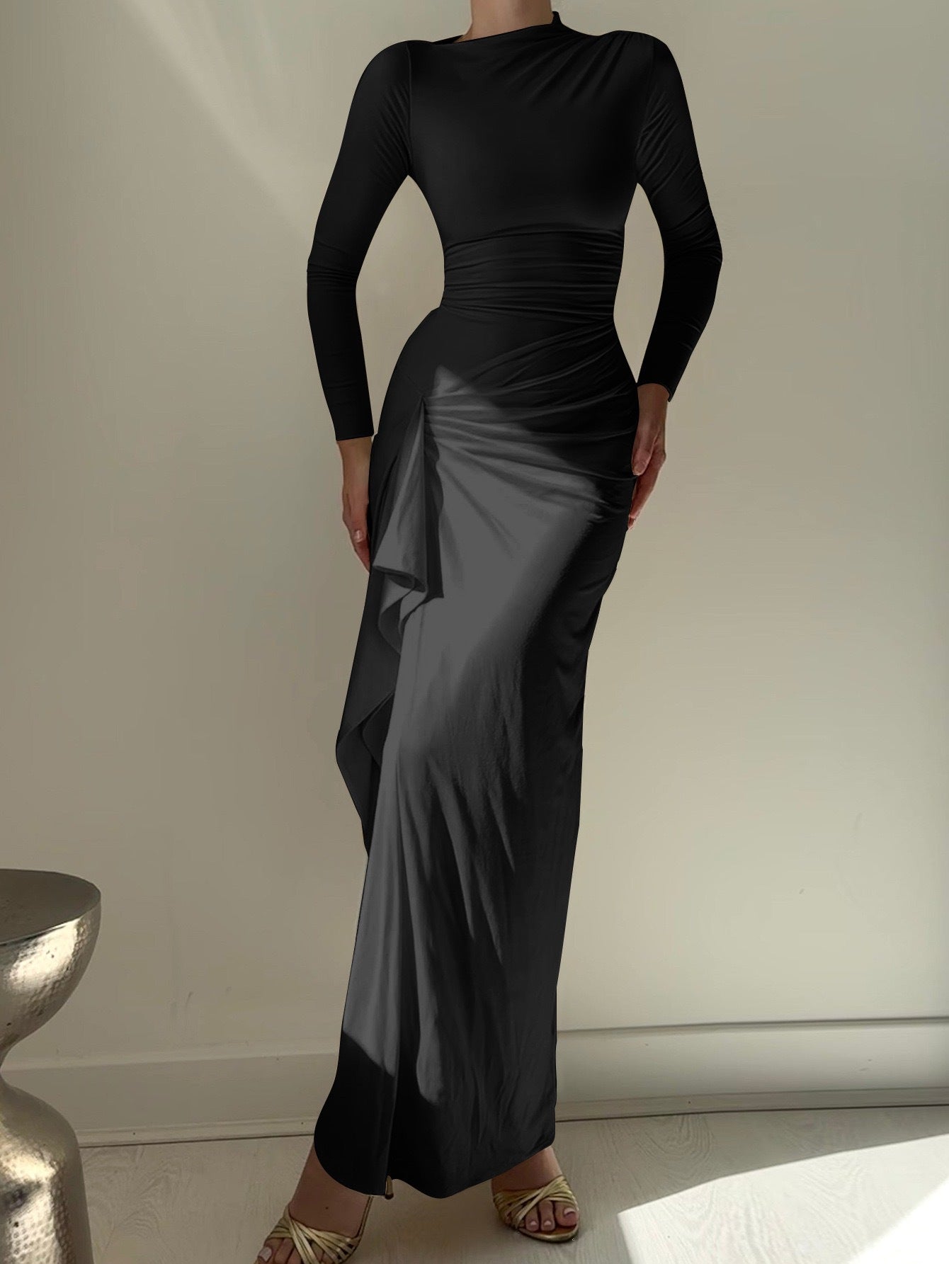 Women's Autumn Solid Color Round Neck Fashion Elegant Slit Dress