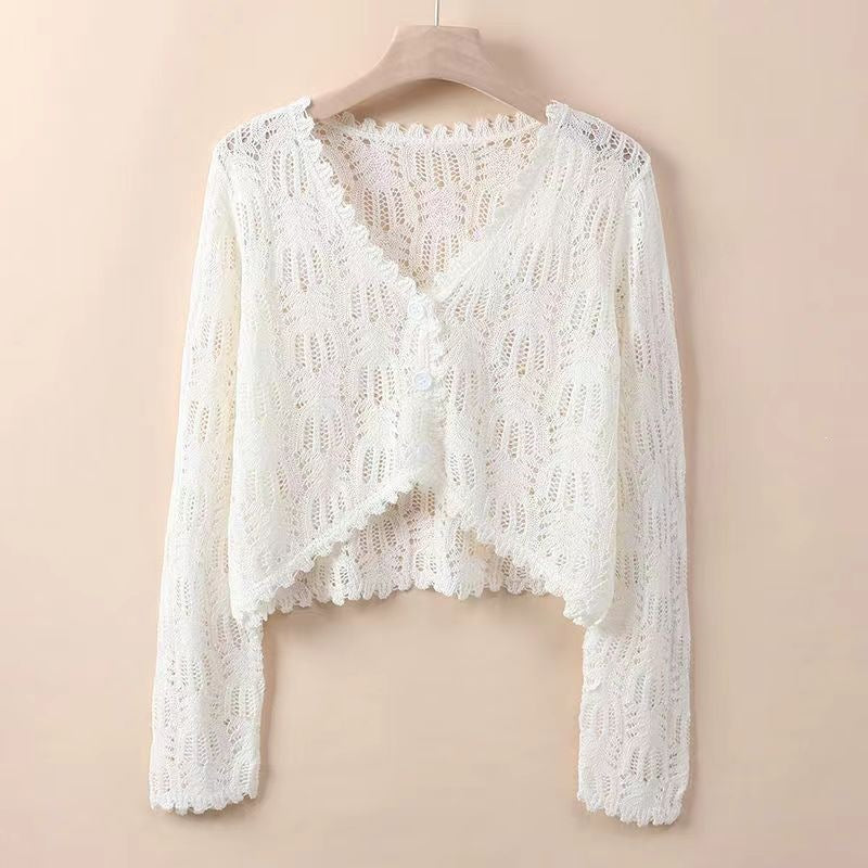 Women's Cape Long Sleeve Sunscreen Hollow Out Crochet Knitted For Shorts