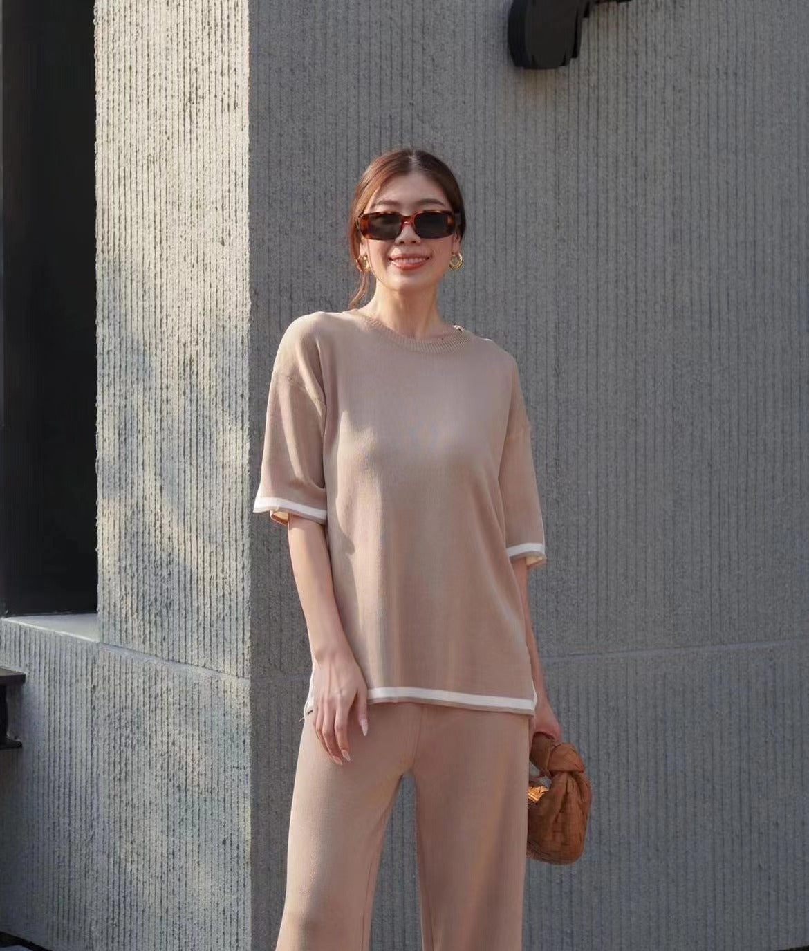 Women's Retro Lazy Style Contrast Color Knitting Suits