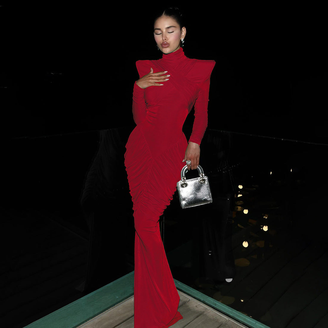 Women's Temperament High Collar Solid Color Long Dresses