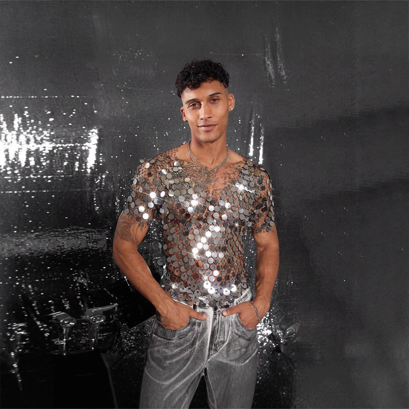 Men's Diamond Studded Hollow Sequin Mesh Outerwear Blouses
