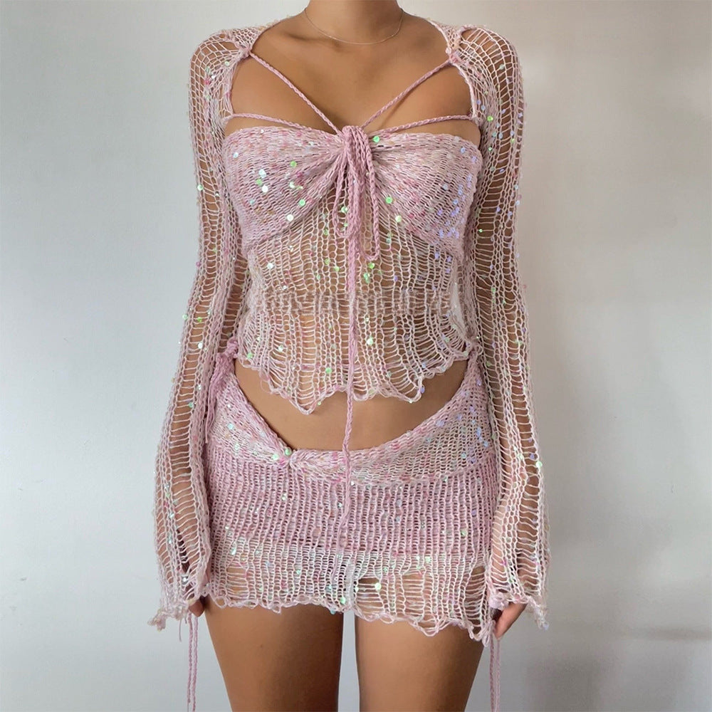 Women's Glamorous Creative Sequin Knitted Three-piece Suits