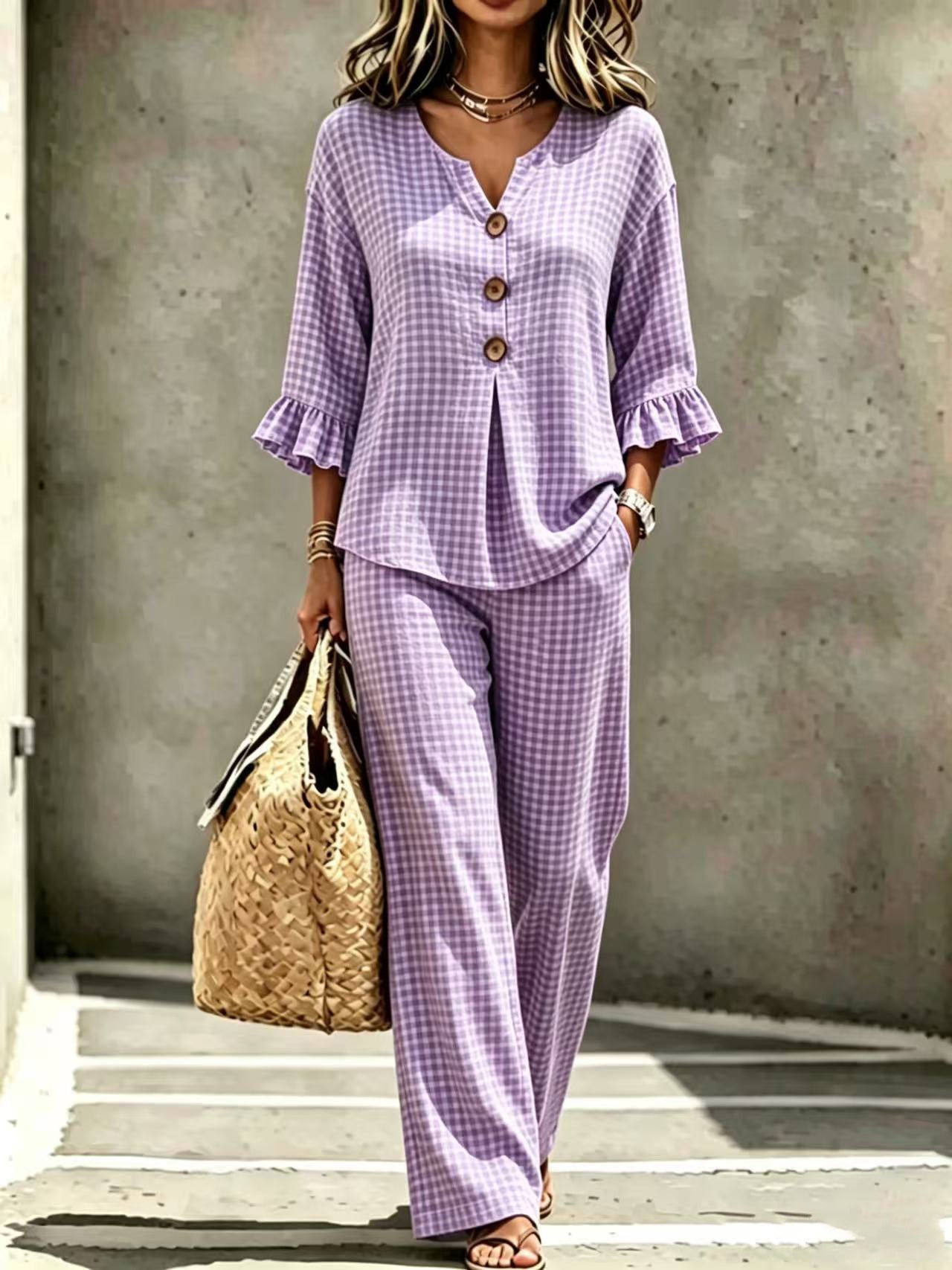 Women's Button Flounce Plaid Sleeve Trousers Tops