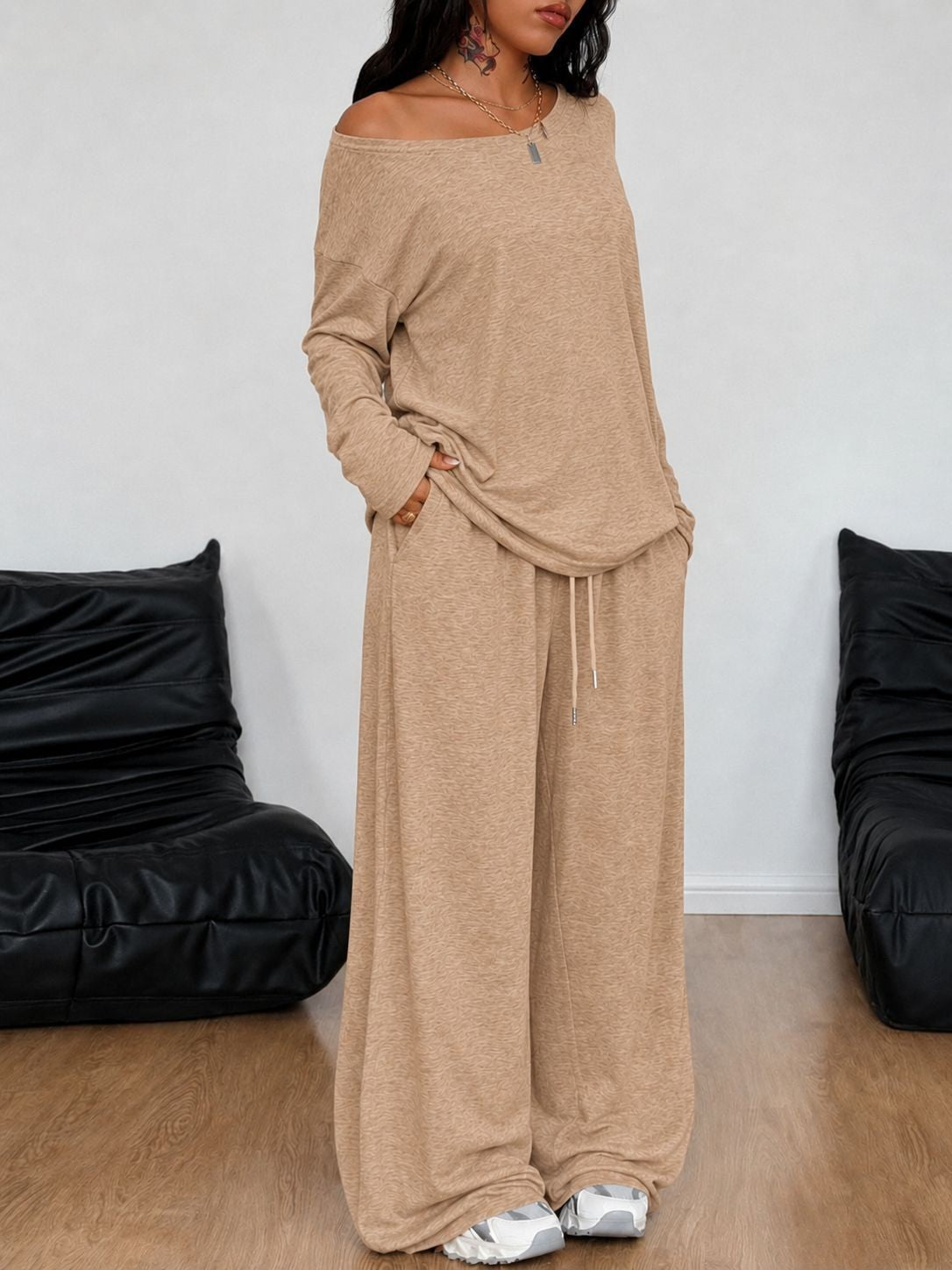 Women's Collar Wide Leg Solid Color Sports Two-piece Fashion Casual Suit