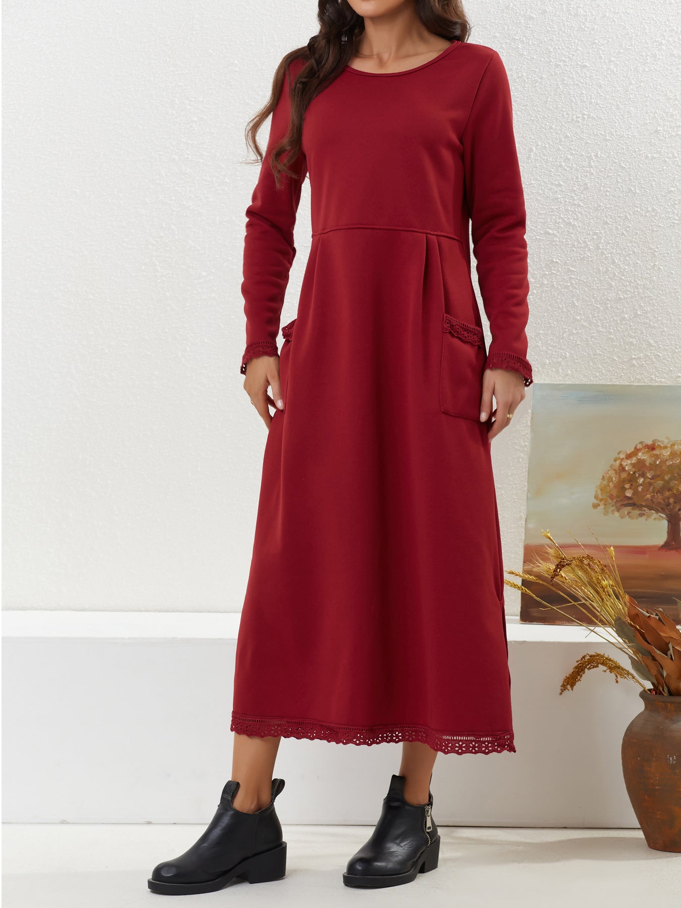 Autumn Loose Oversized Knit Lace Brushed Hoody Dress