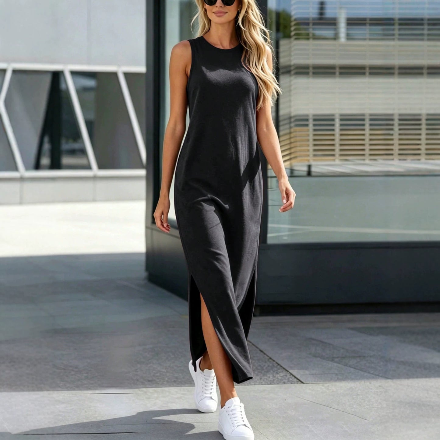 Women's Solid Color Sleeveless Split Long Casual Loose Slimming Dress