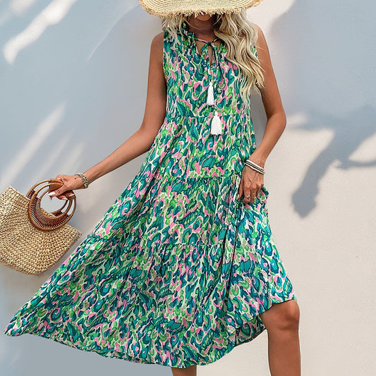 Summer Vacation Style Sleeveless Tassel Abstract Dresses