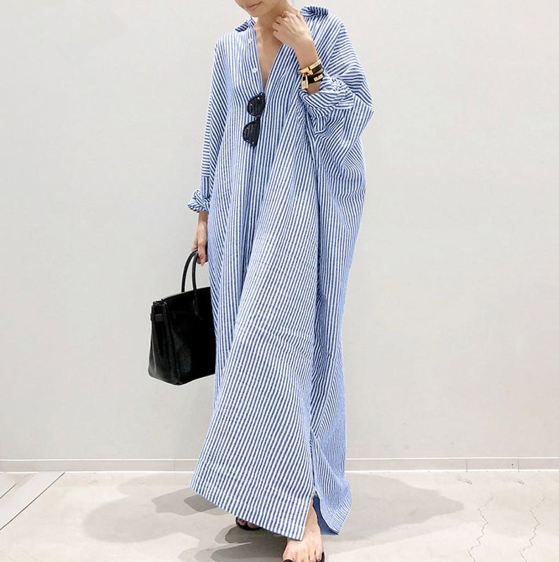 Cotton Linen Stripes Loose Temperament Commuting Dress