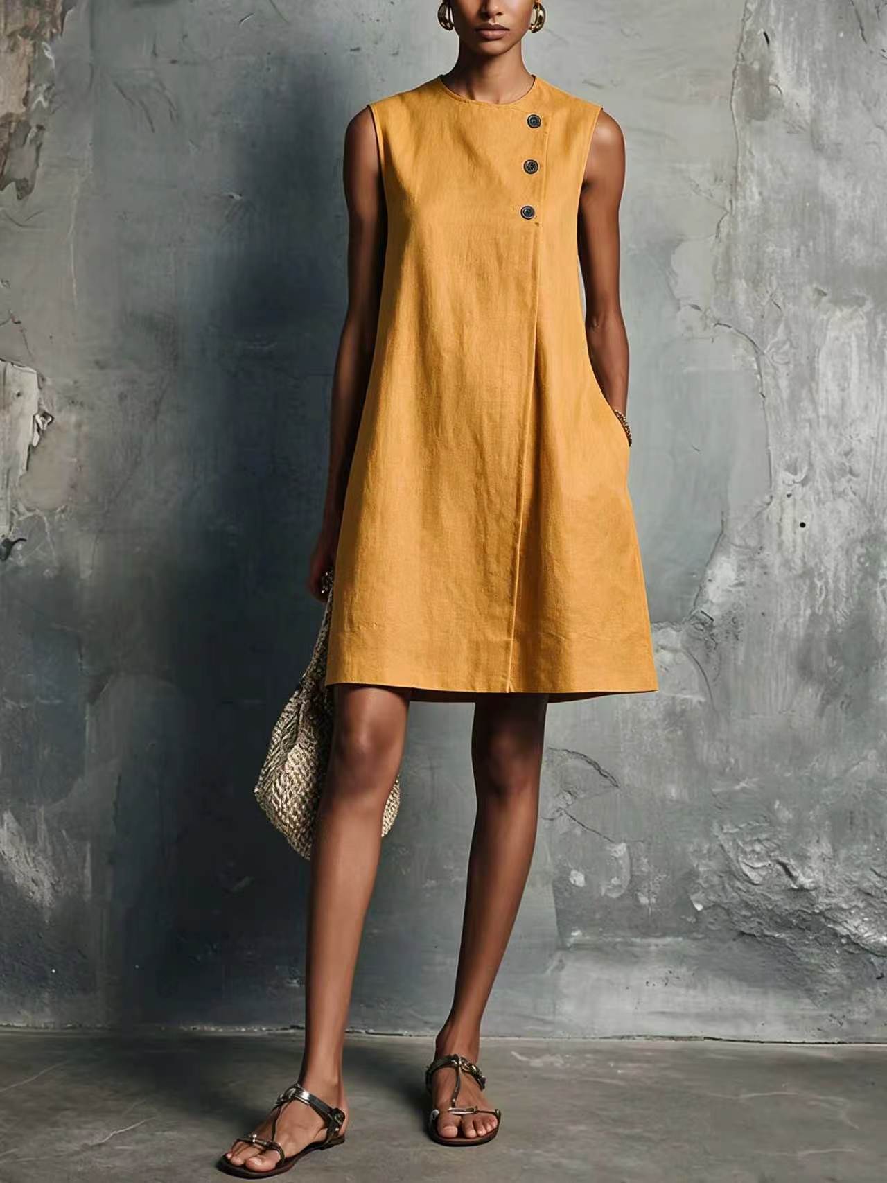 Women's Blended Round Neck Asymmetric Button Side Dress