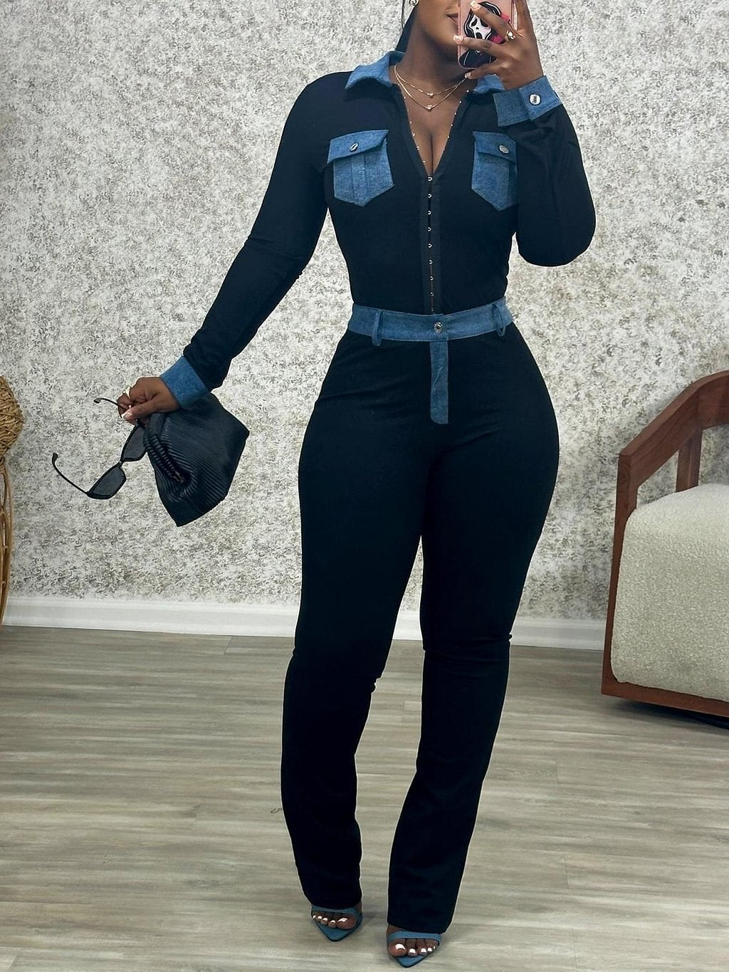 Women's Fashion Denim Stitching Sexy High Waist Suits