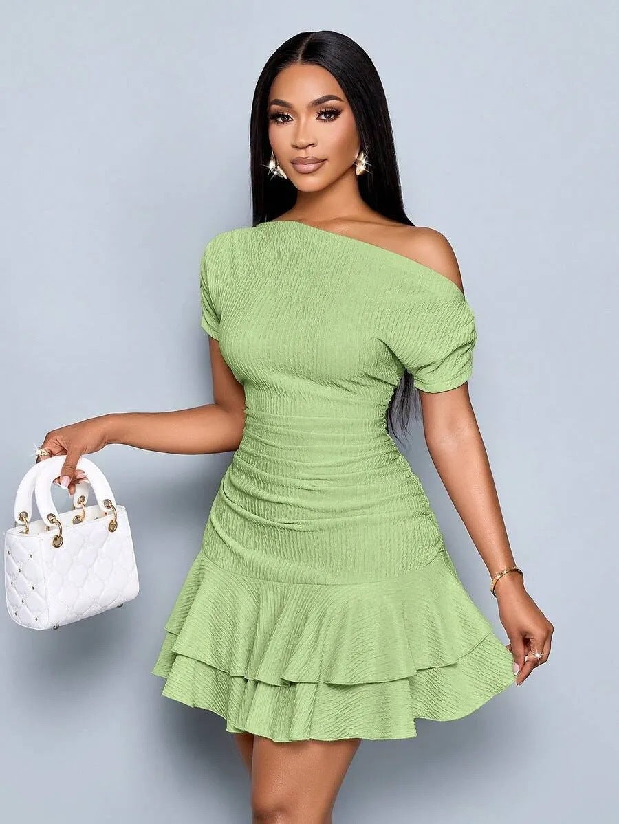 Women's Summer Solid Color Oblique Shoulder Ruffled Dress