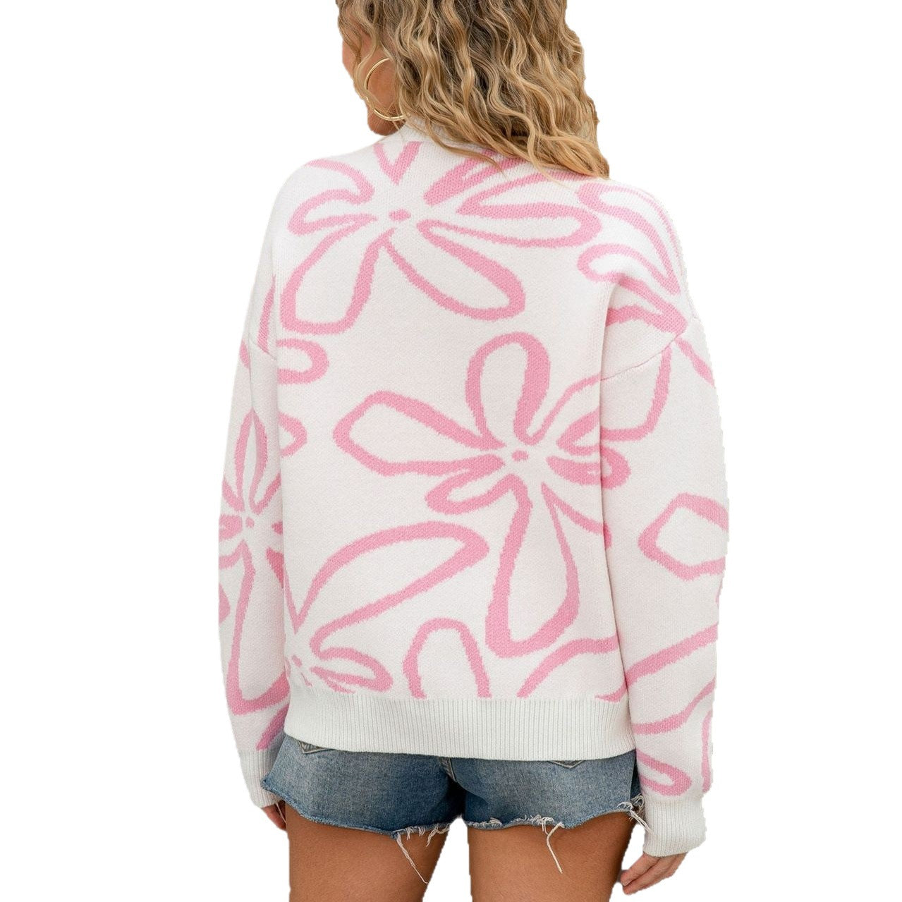 Women's Round Neck Flower Contrast Color Loose Pullover Sweaters