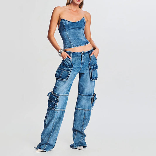 Women's Spring Fashion High Street Design Pocket Stitching Jeans