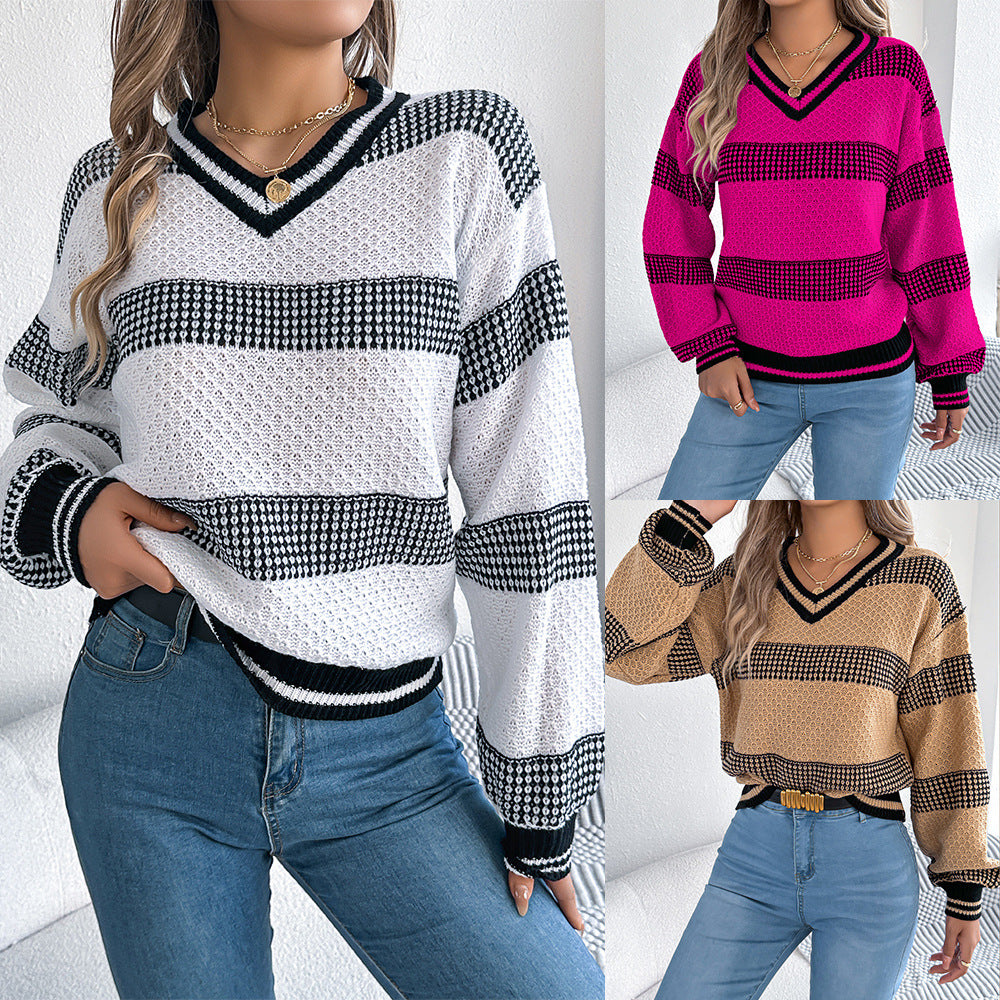 Women's Contrast Color Striped Lantern Long Sleeve Sweater