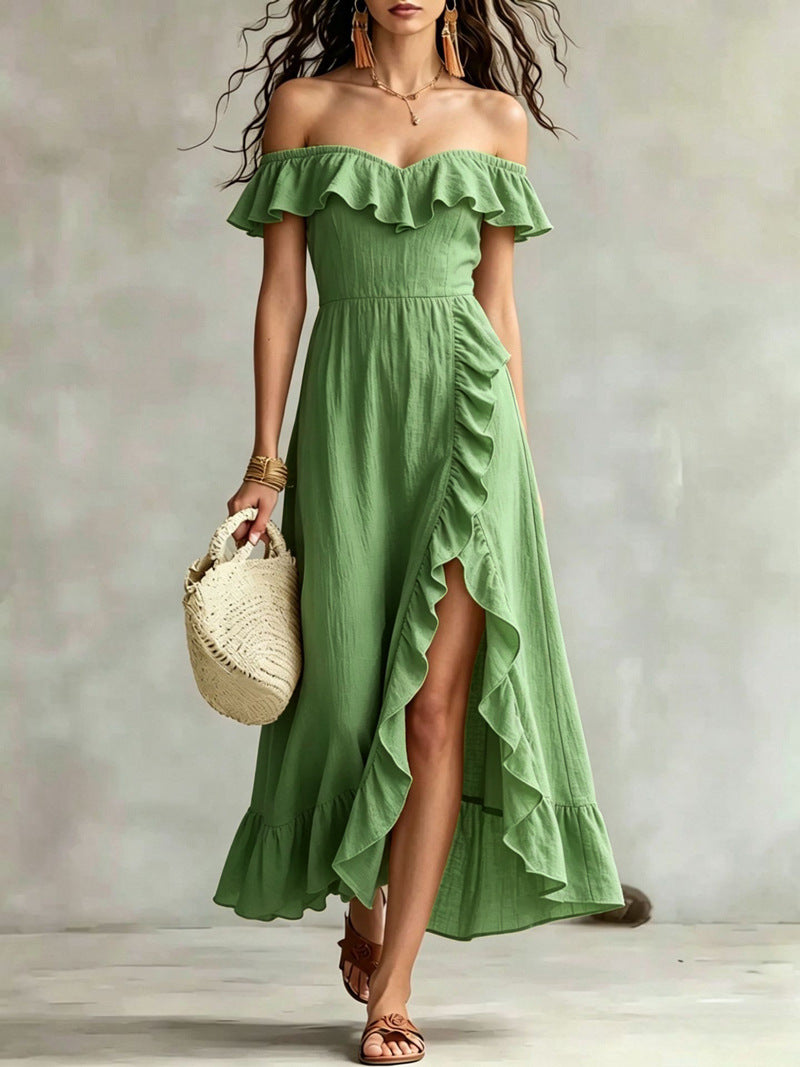 Women's Summer Collar Sleeveless Pink Ruffled Split Dress