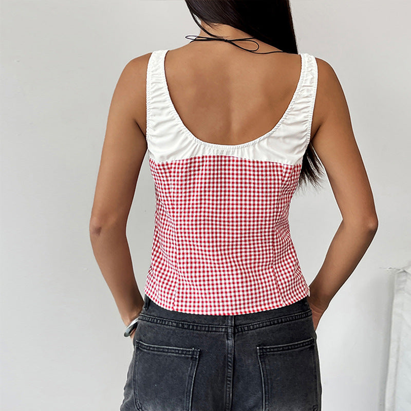 Women's Contrast Color Check Cutout Sweet Hot Tops