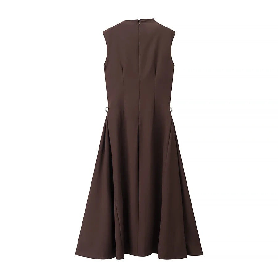 Women's High-grade Metal Button Symmetrical Pleated Sleeveless Dresses