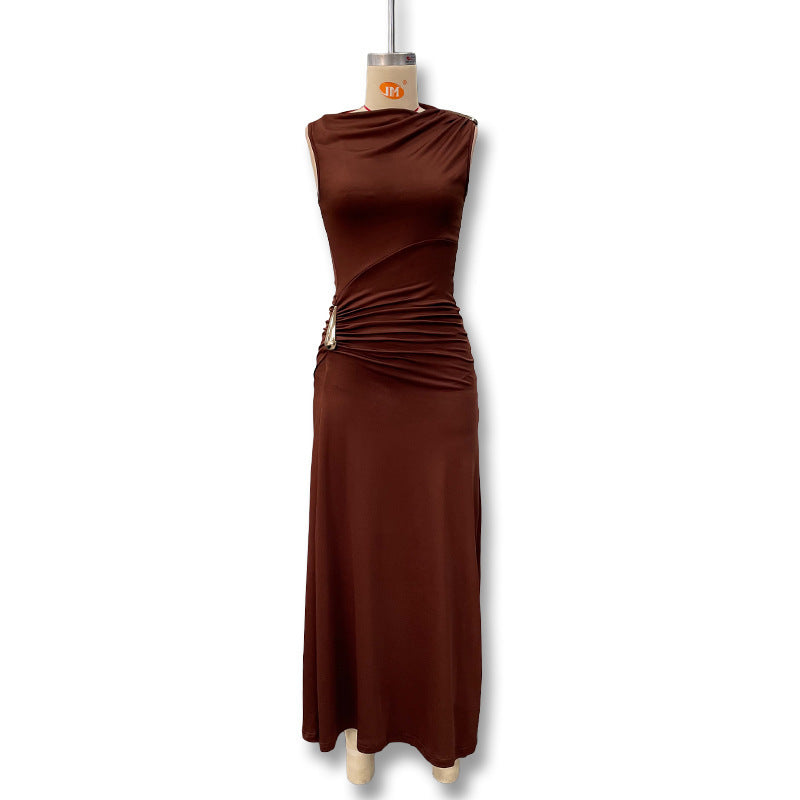 Women's Fashion Solid Color Round Neck Metal Decorative Twist Sleeveless Slim Dress