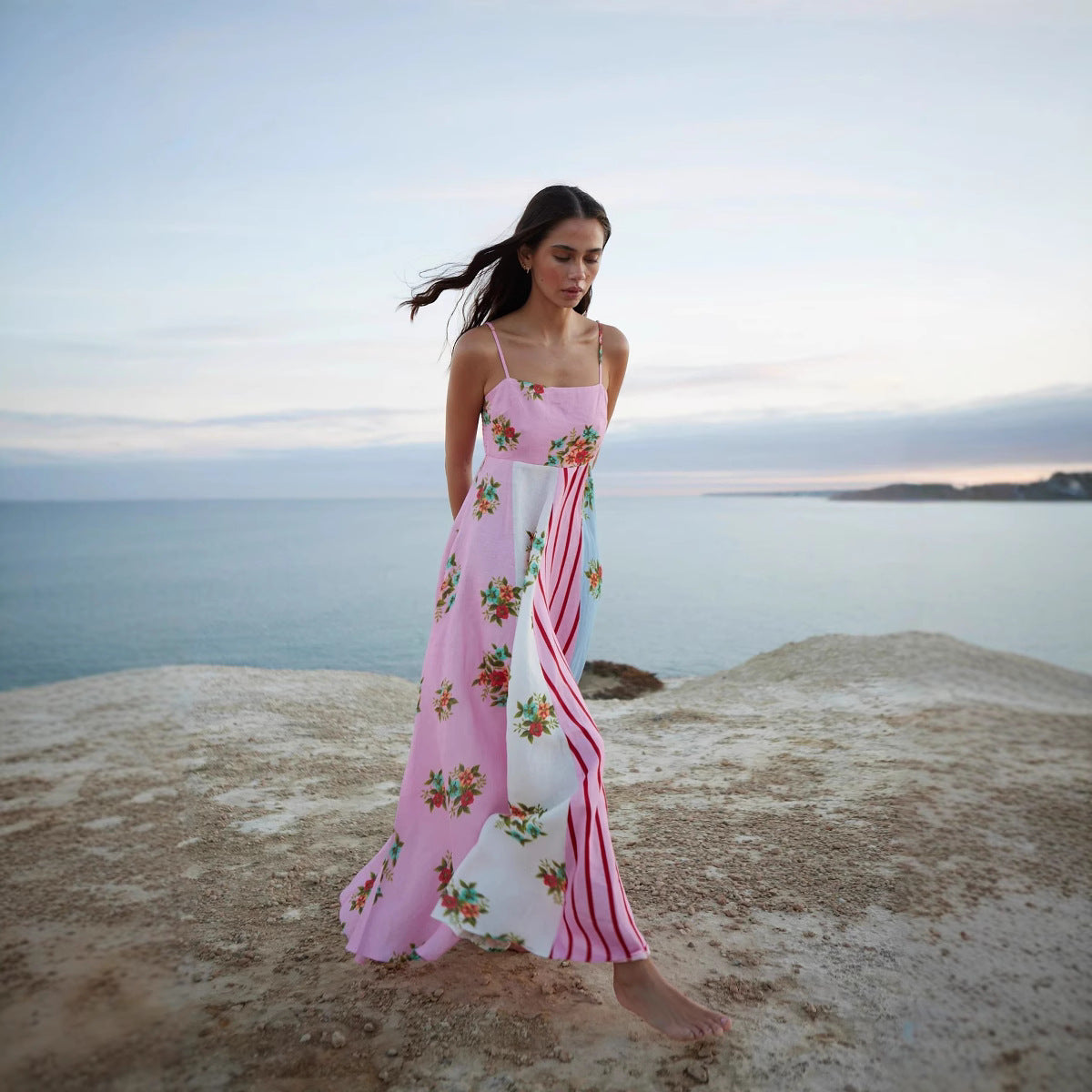 Sexy Sling Vacation Style Flower Linen Dress