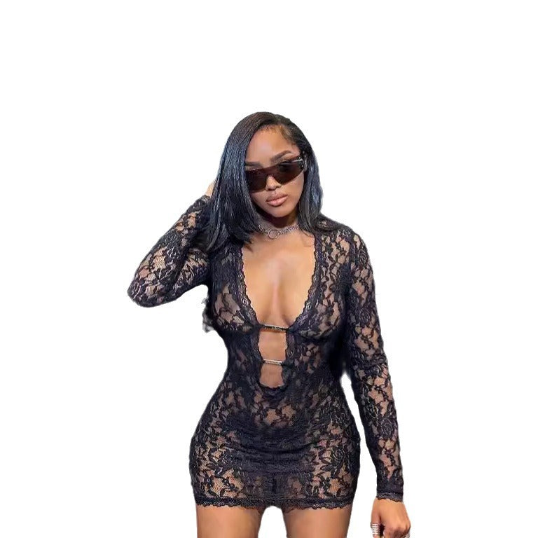 Women's Lace Sexy Low Collar Hollow Long Sleeve Jumpsuits