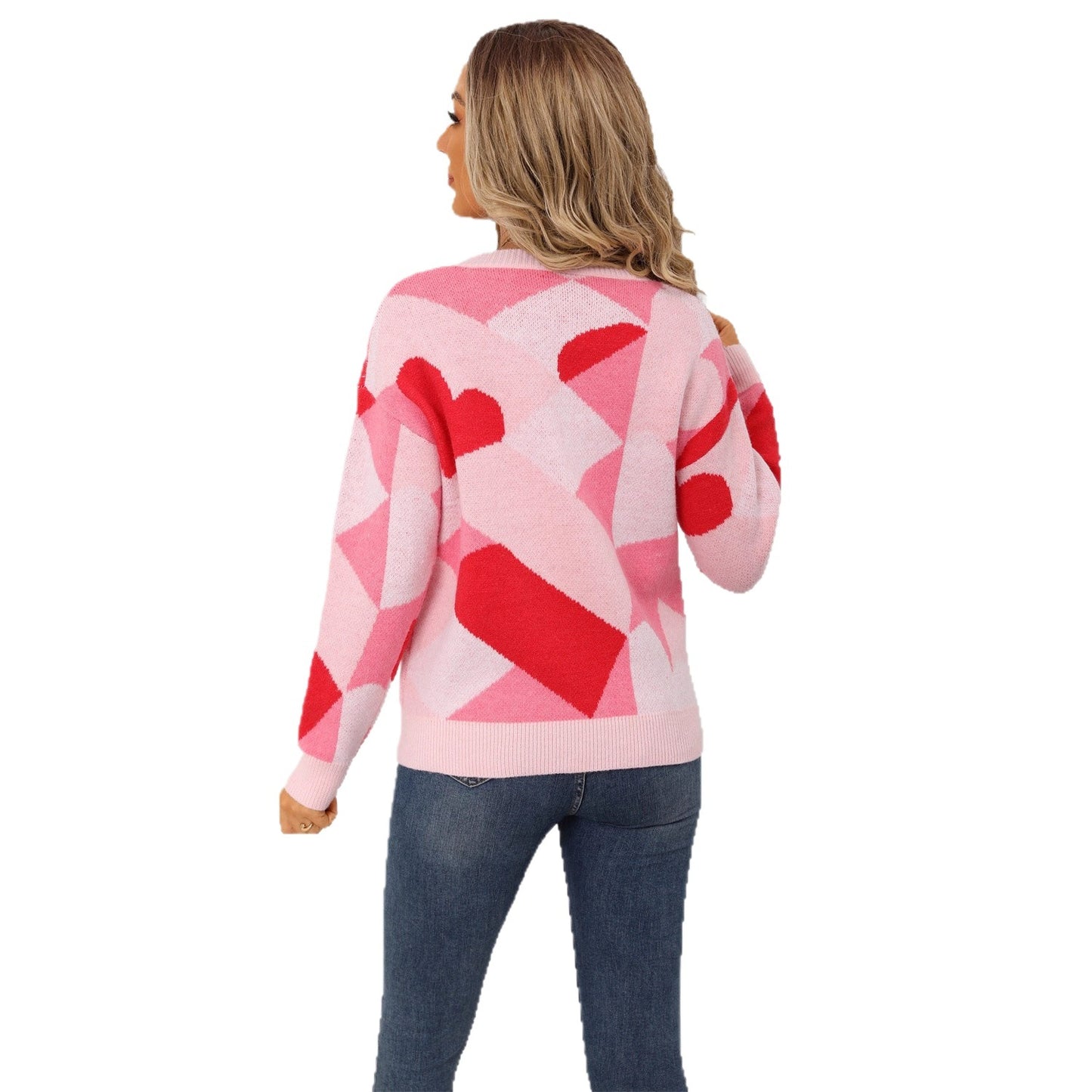 Round Neck Knitted Chessboard Plaid Love Sweater