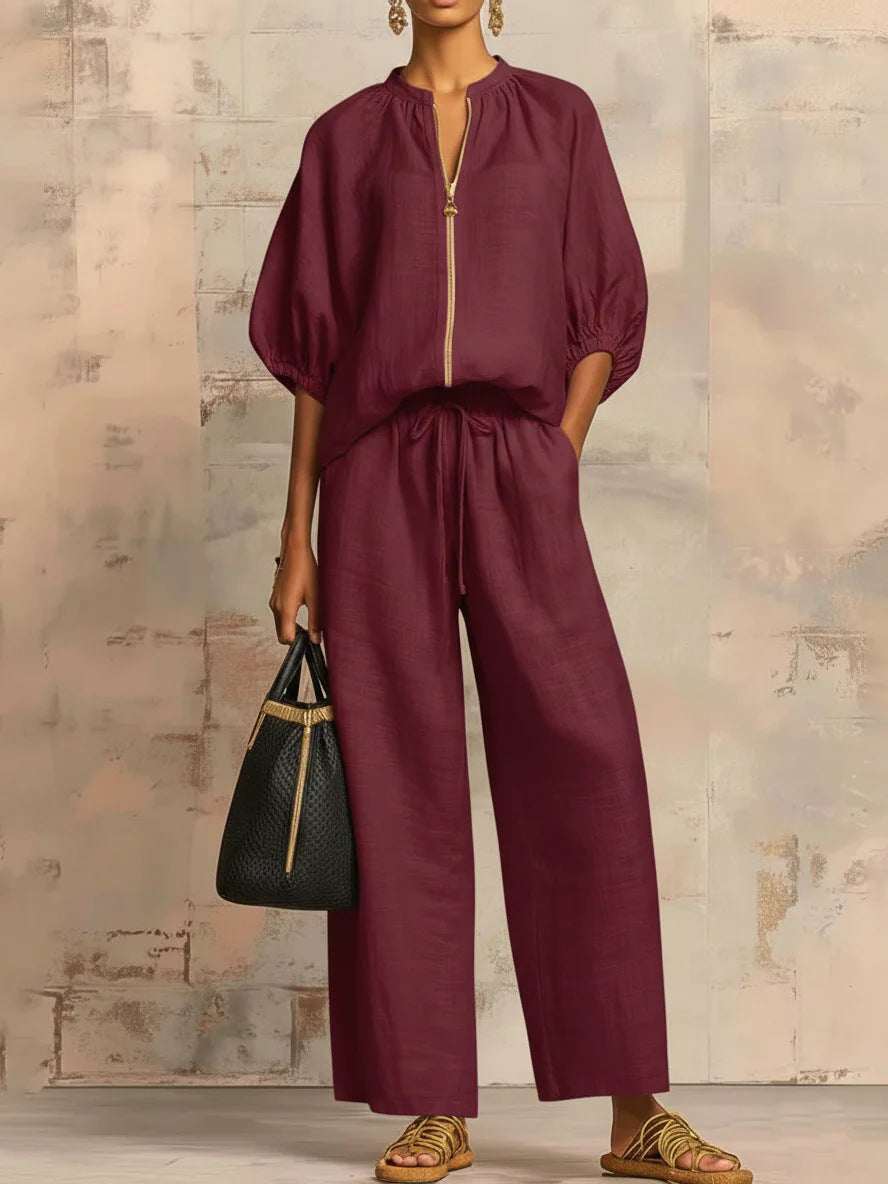 Loose Vacation Style Zipped Round Neck Wide Suits