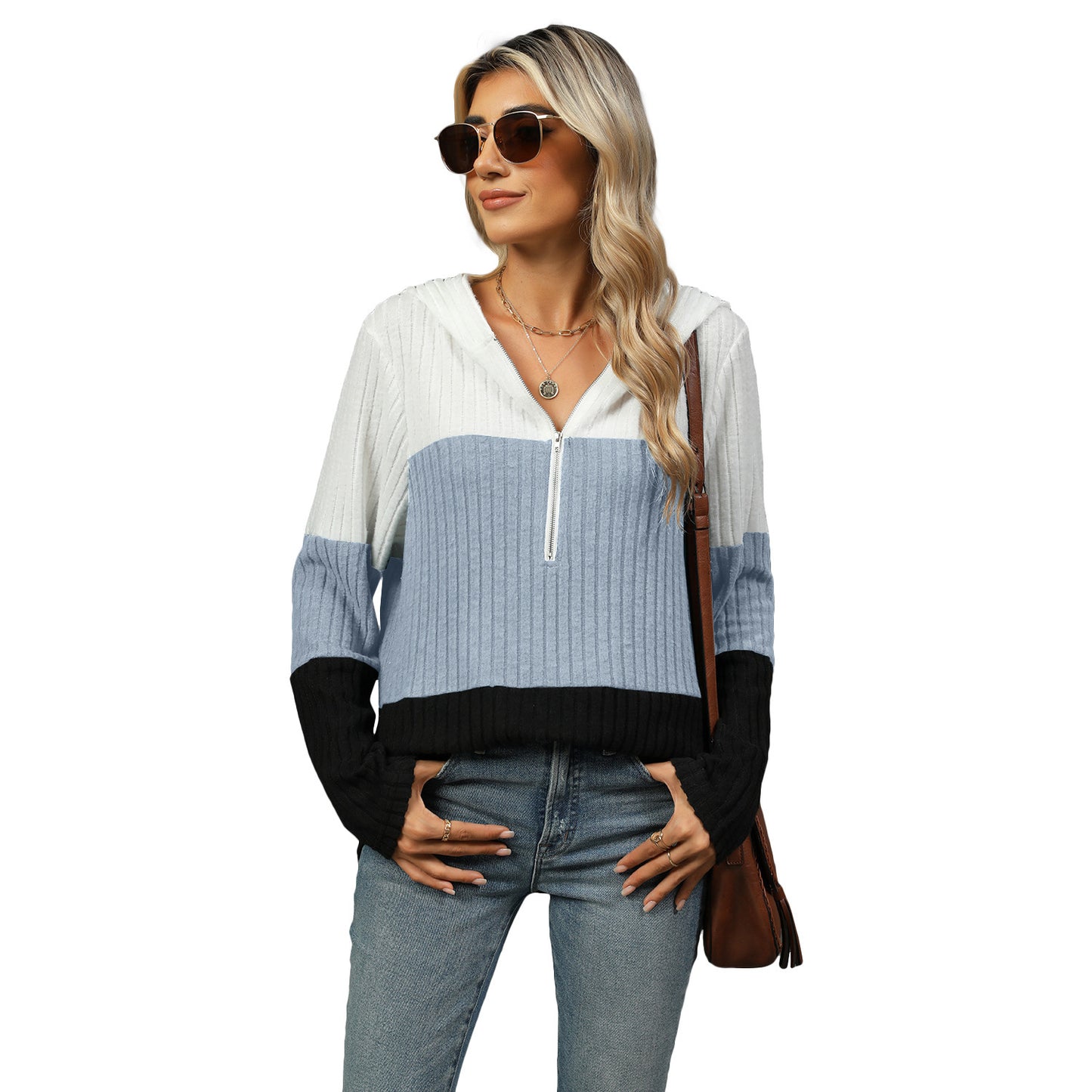 Women's Loose Color Contrast Patchwork Zipper Hooded Blouses