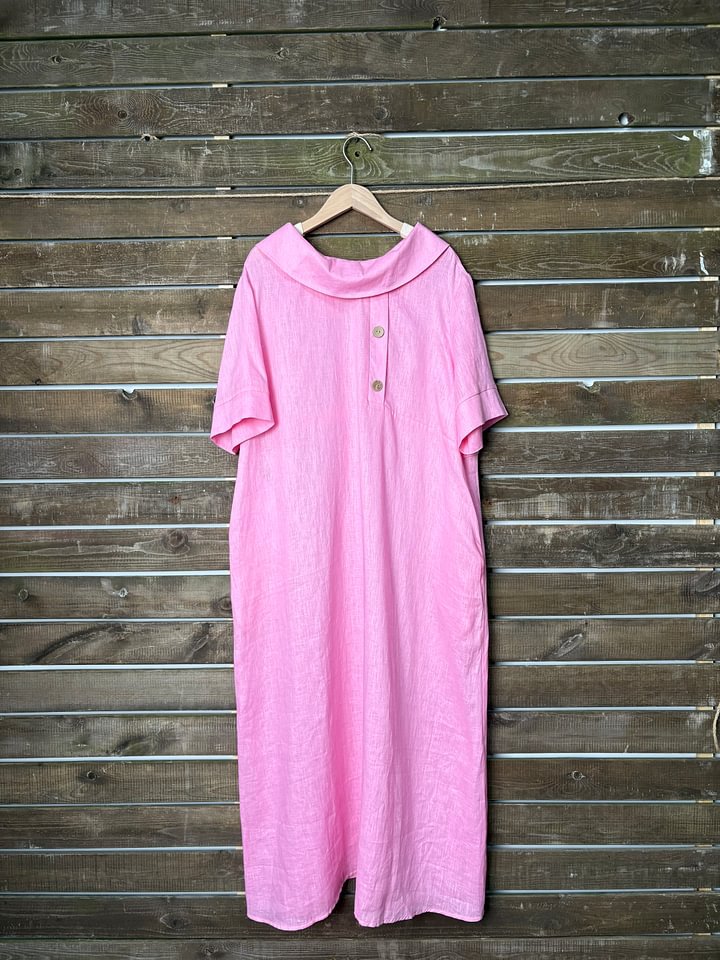 Women's Cotton Linen Casual Loose Pile Collar Sleeve Dress