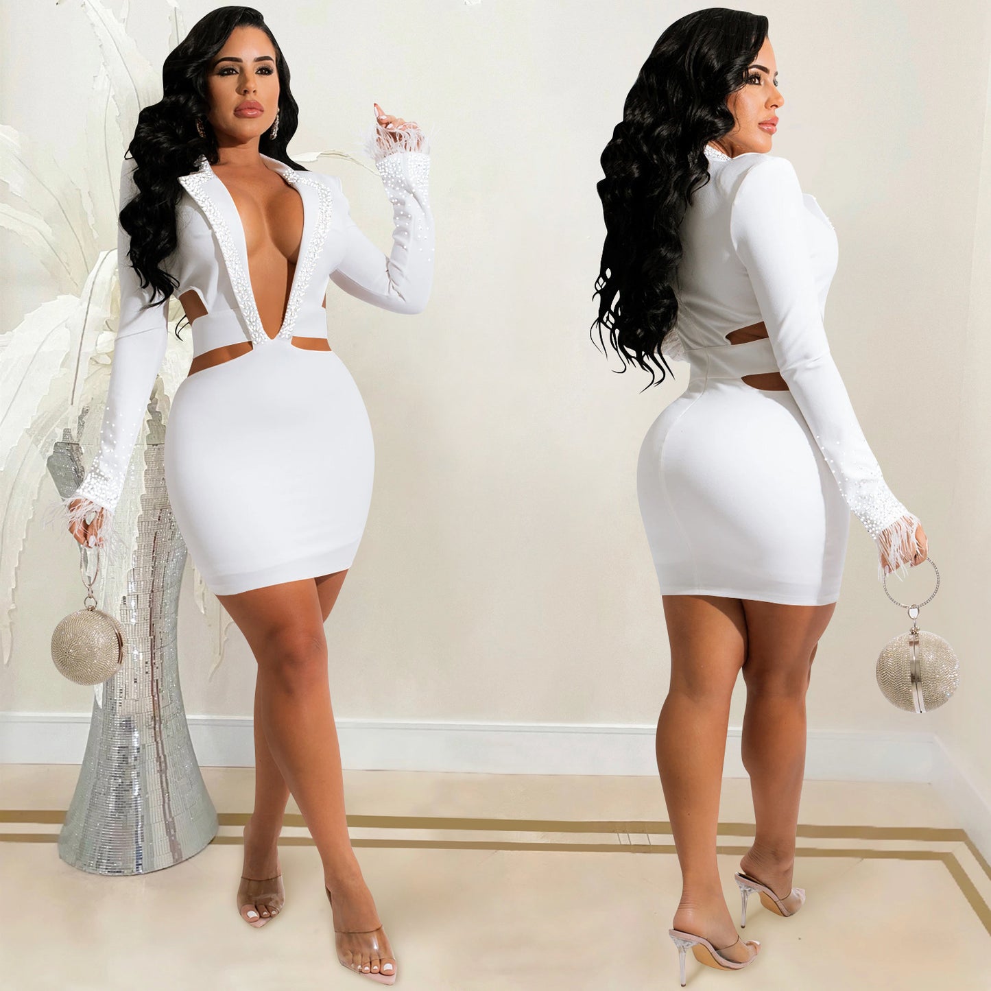 Nightclub Rhinestone Lapel Hollow Long Sleeve Dresses