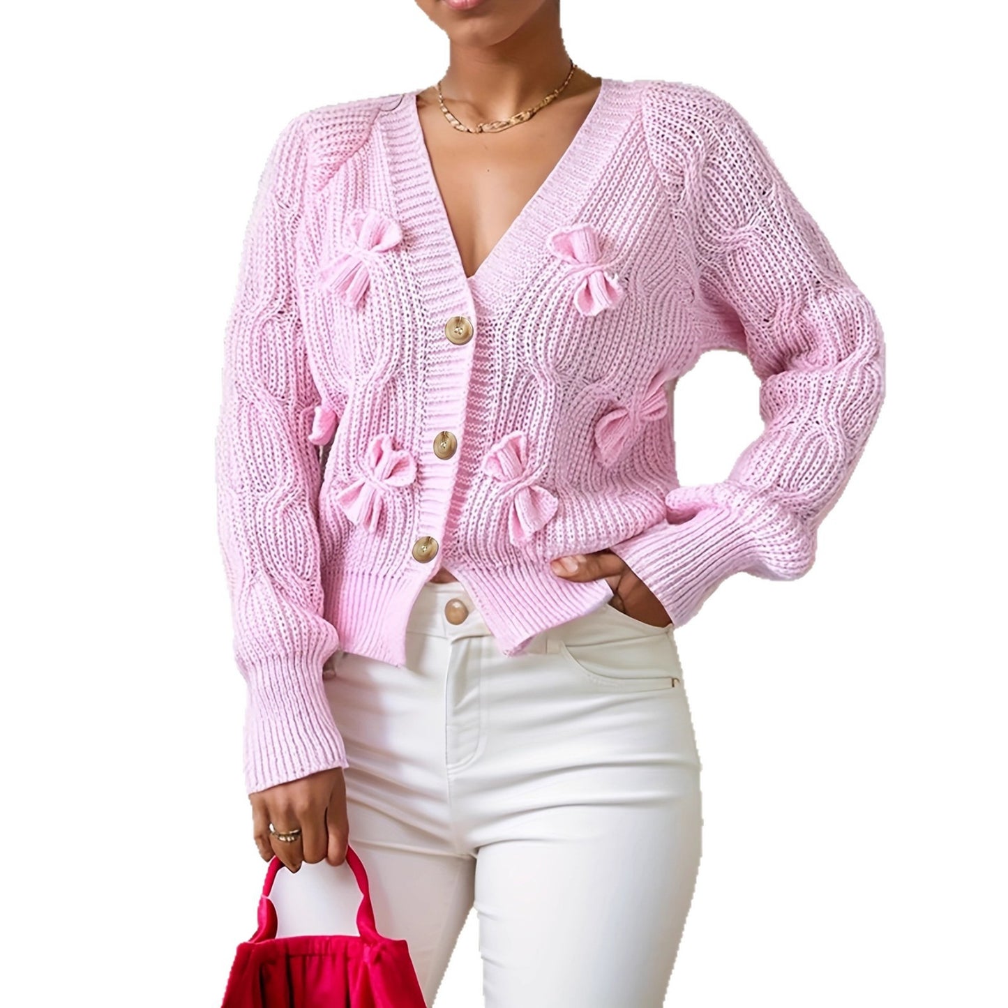 Loose Solid Color Long-sleeved Bowknot Knitted Sweaters