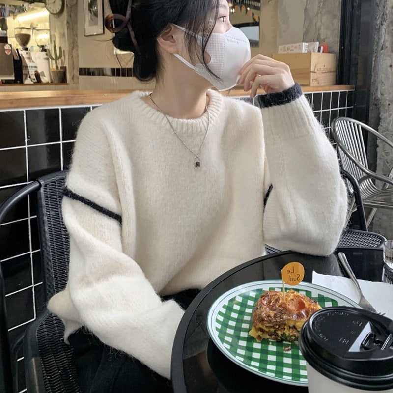 Women's Style Artistic Retro Loose Simple Round Neck Design Contrast Color Women's Sweater