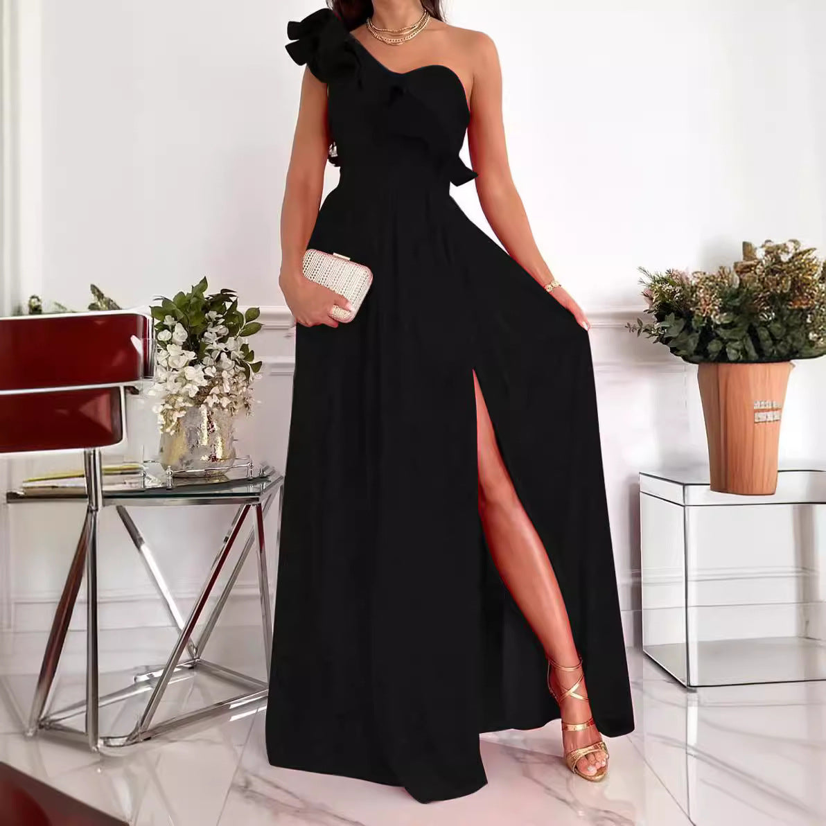 Women's Summer Sleeveless Shoulder Ruffled Slit Hemline At Dress