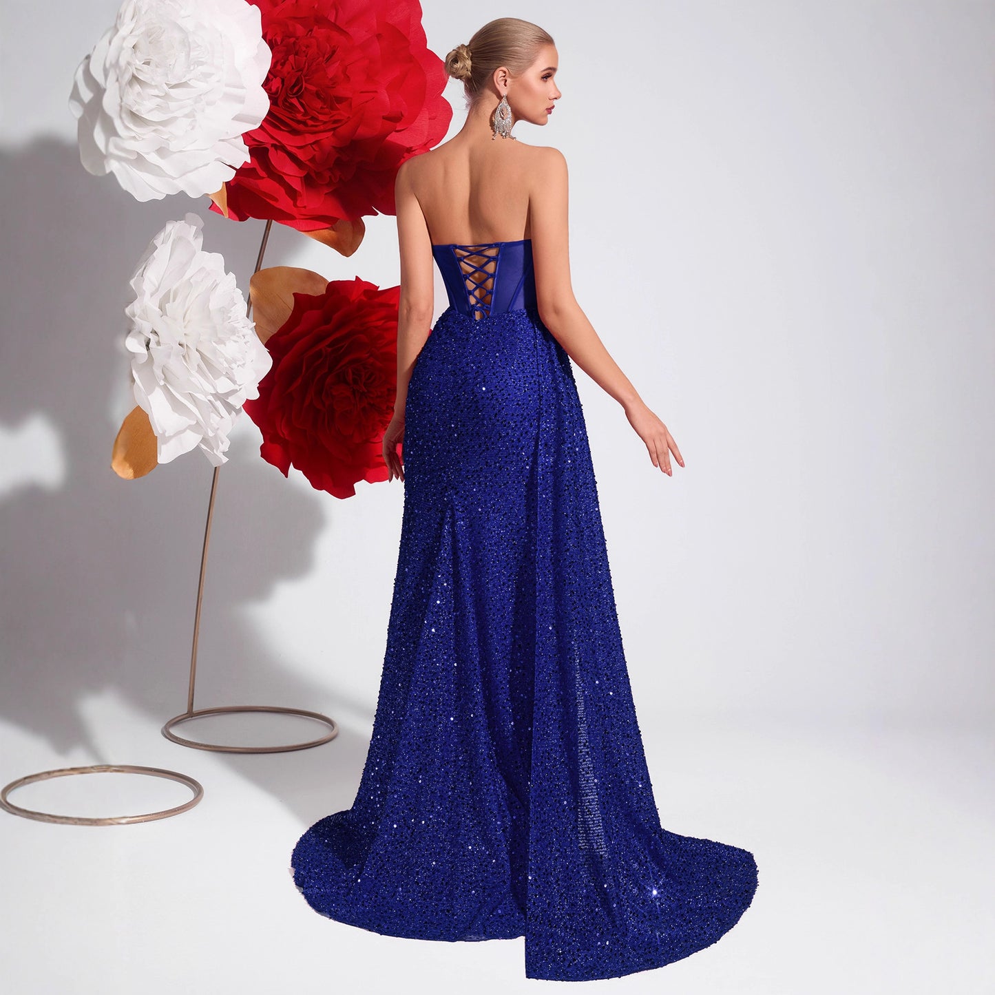 Sequined Bandeau Slimming High Slit Model Catwalk Banquet Light Dress