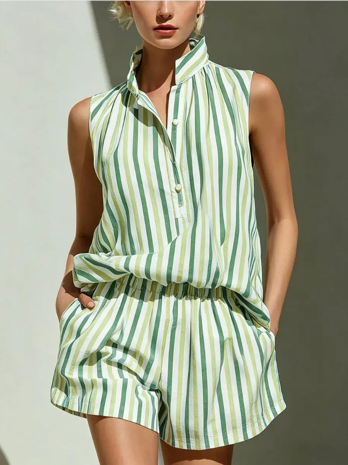Women's Stand Collar Striped Shirt Elastic Wide Leg Fashion Casual Suit