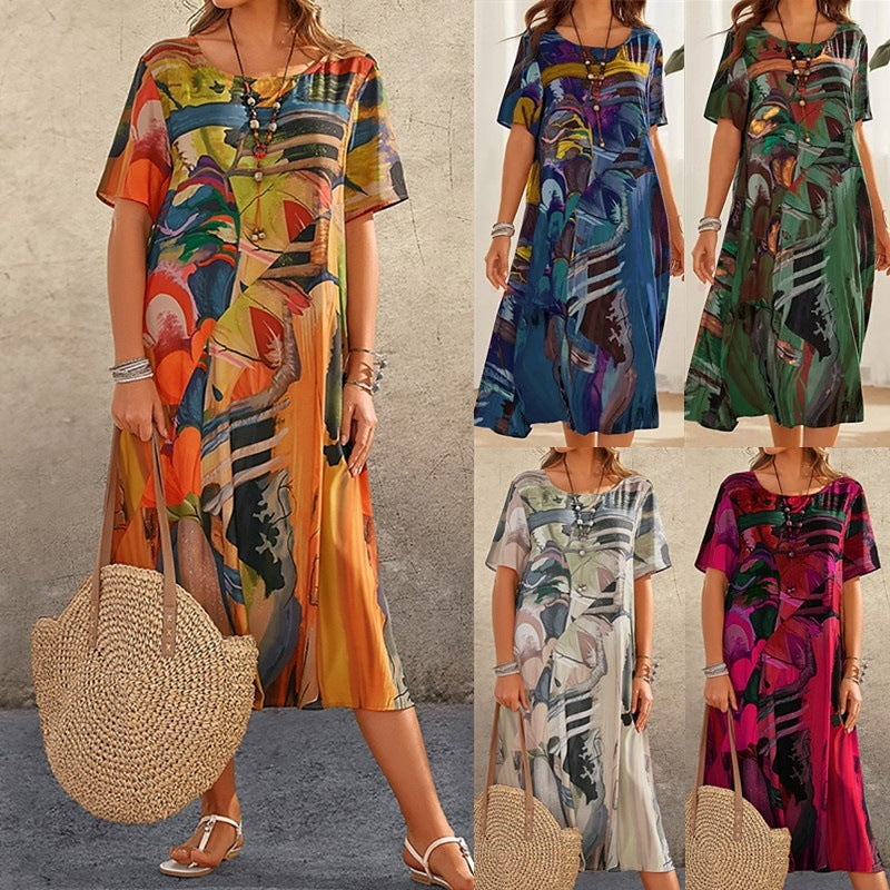 Casual Printing Summer Short-sleeved Waist Round Neck Loose Dress