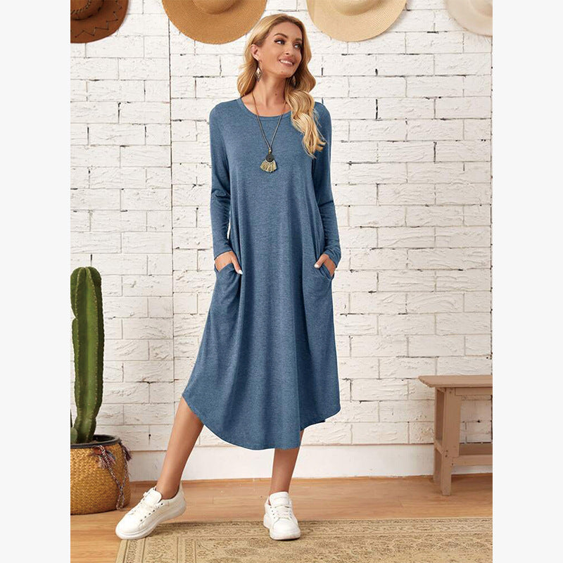 Women's Solid Color Knitted Side Seam Straight Pocket Curved Hem Dress
