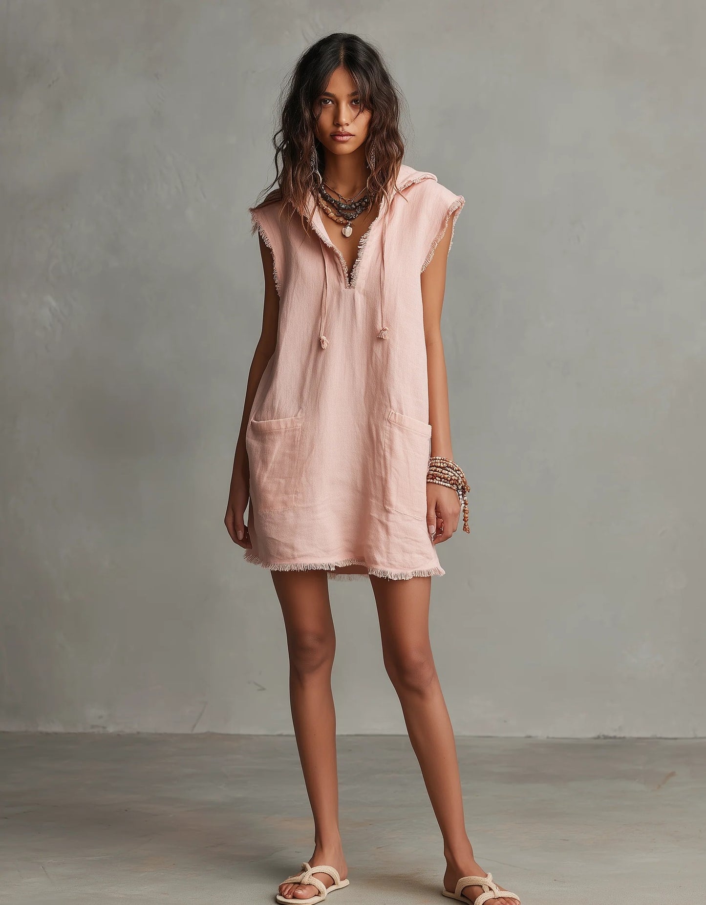 Women's Minimalist Linen Blended Mini Hooded Sleeveless Frayed Dress